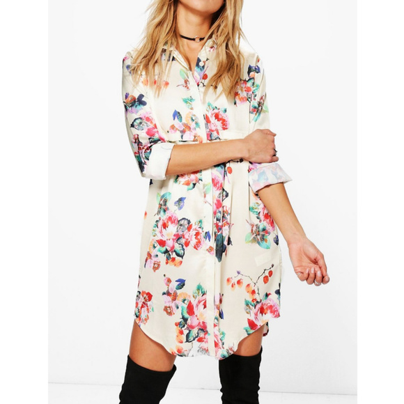 Boohoo Dresses & Skirts - Floral Satin Shirt Dress